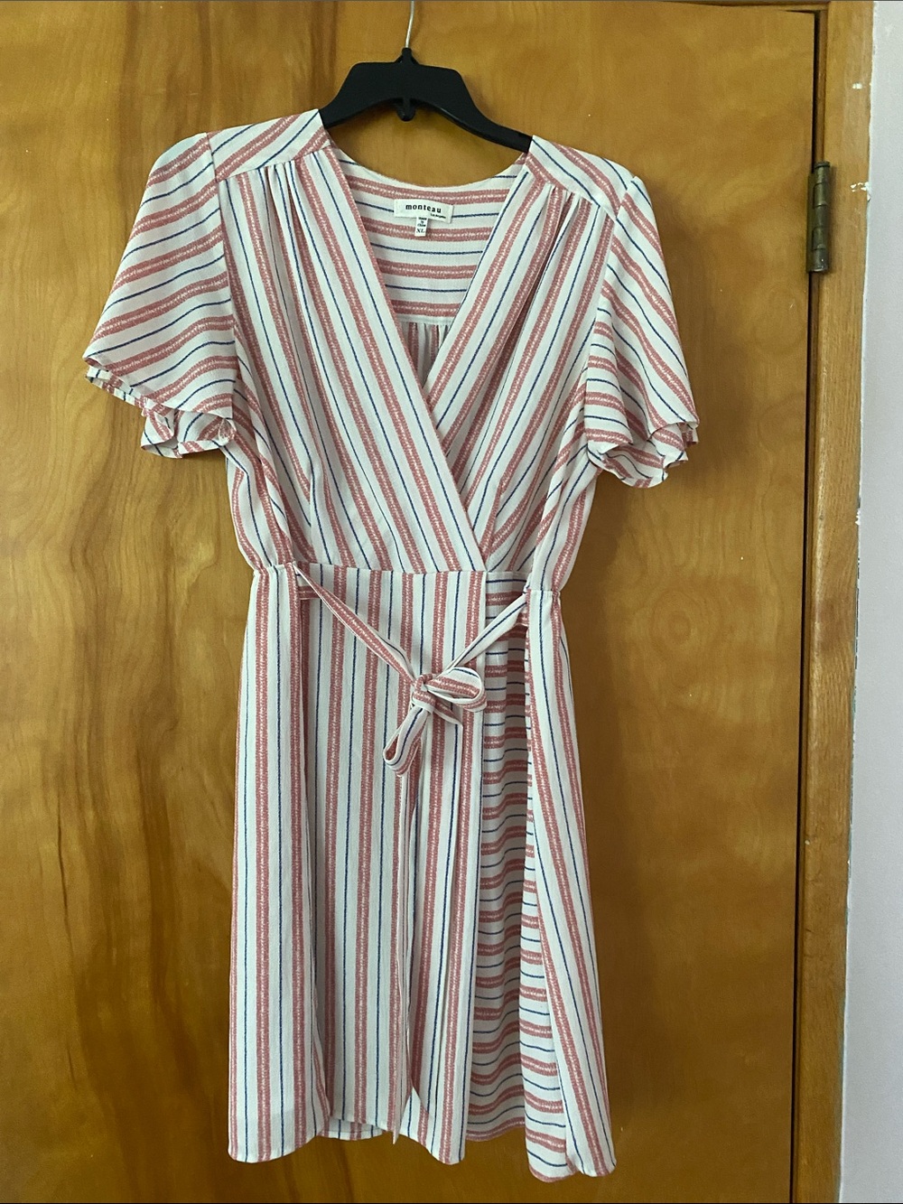 Monteau White and Pink Striped Wrap-Style Dress